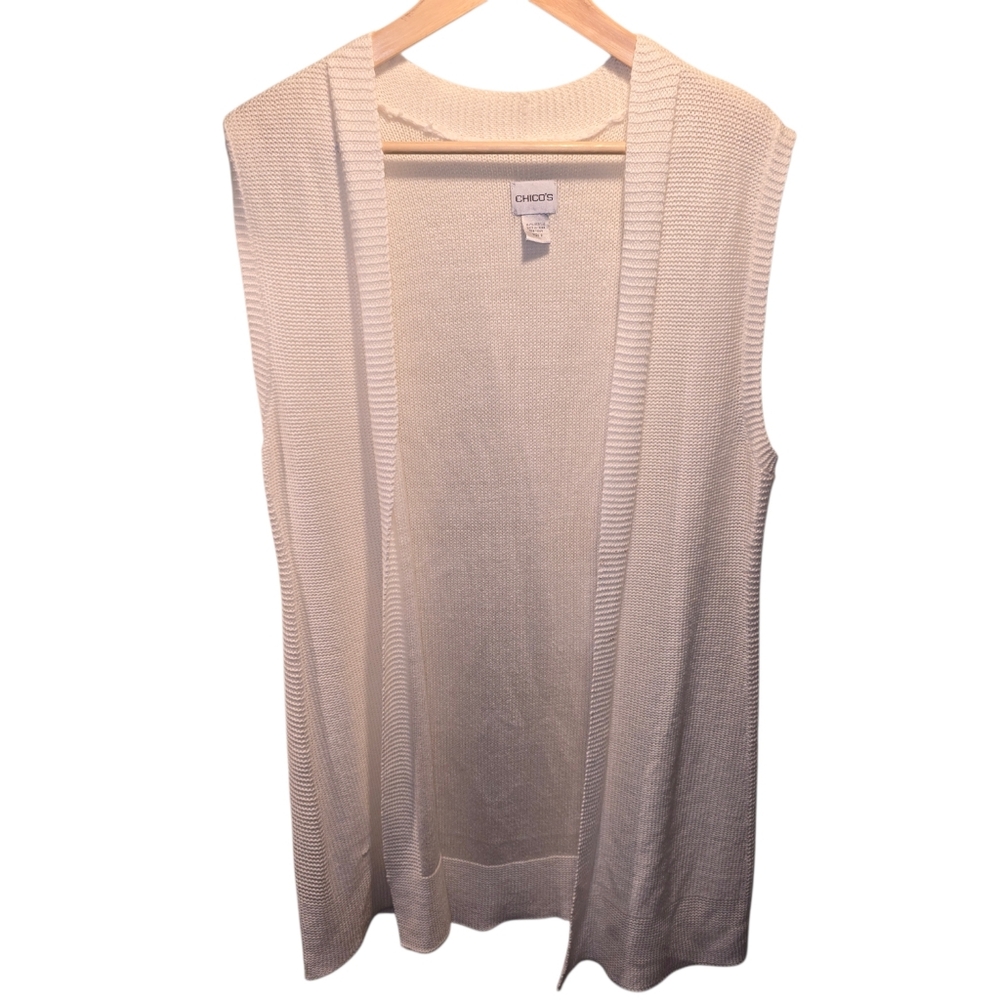 Chico's Sz. Large White Long Open Front Vest Sweater